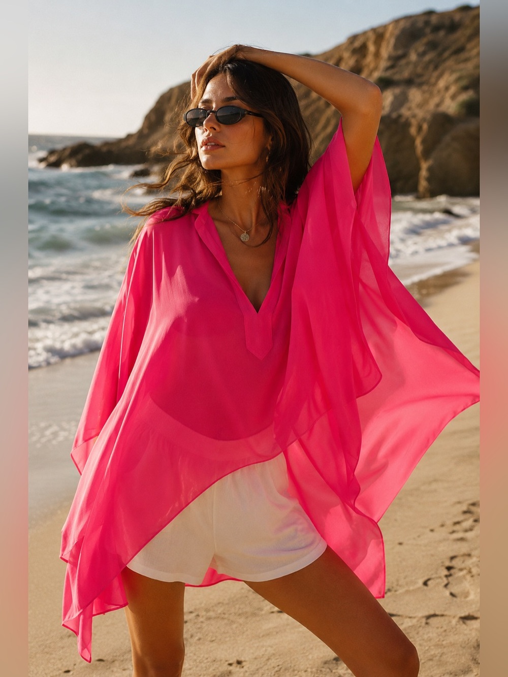 BCBGMAXAZRIA Neda Neon Pink Caftan Blouse Cover-Up NWT M/L